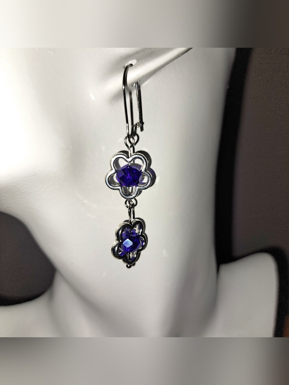 Blue & Purple Aurora Borealis Crystal Flower Dangle Earrings in Antique Silver